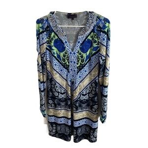 Hale Bob Long Sleeve Beaded Neckline Dress Small Blue Green Abstract V-neck Mini